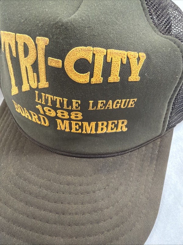 Vintage 80s Mesh Trucker Hat Brown Yellow Tri City Little League Board Member gallery