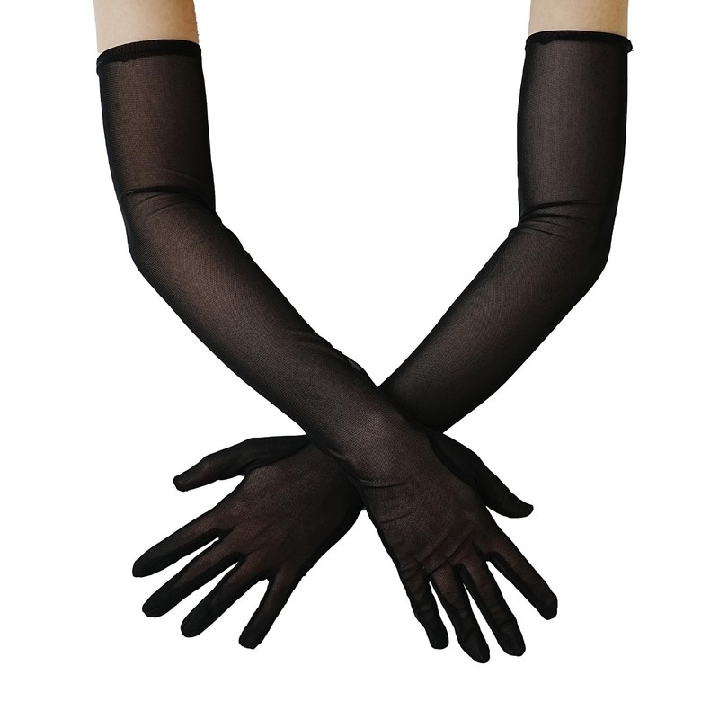 Black ’s Long Tulle Gloves Elbow Length Stretchy Mesh Costume Party Wedding B…