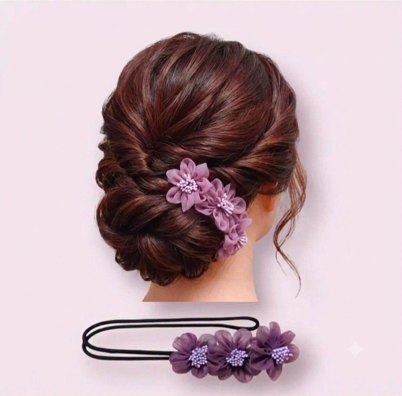 Purple chiffon flower hair accessory for bun, chignon, yukata style