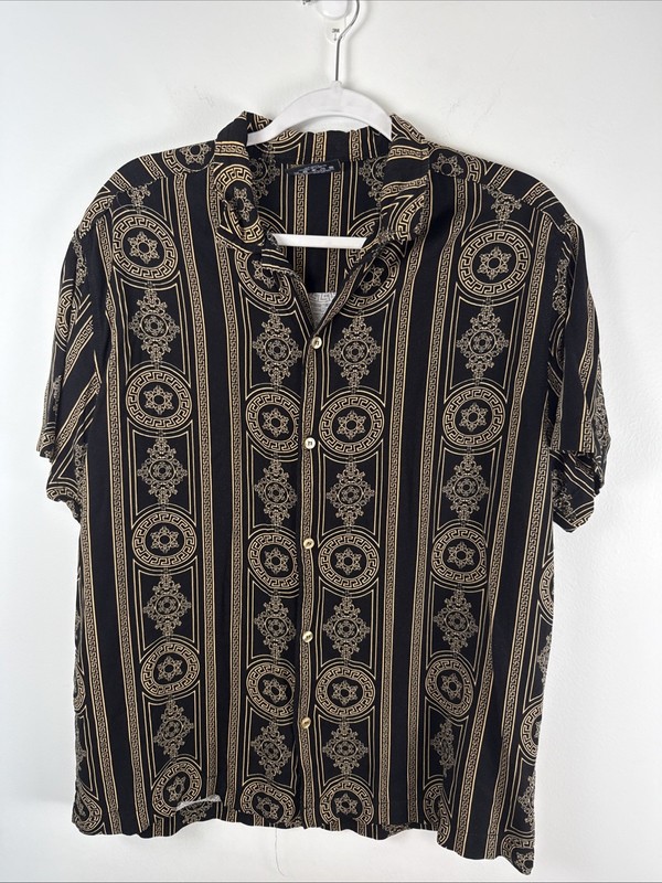 Men’s Casa Moda Couture Short Sleeve Shirt Black & Gold Baroque Pattern Size L
