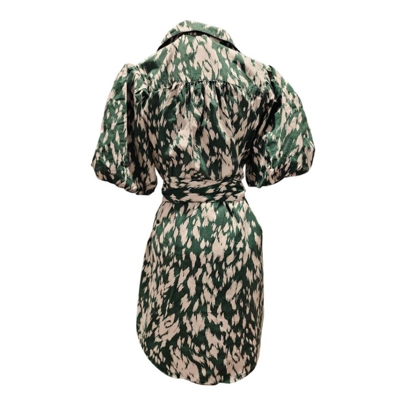 Sunny Girl Shirt Dress Sz US 4 Green Abstract Ikat Print Puff Sleeve Boho Chic gallery