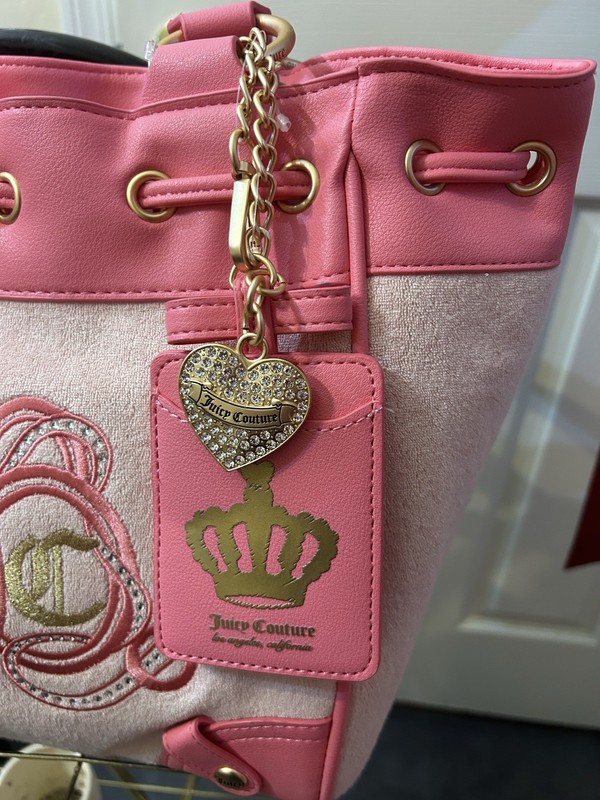 Juicy Couture Pink Logo Tote Shoulder Bag Bow Heart Charm Drawstring Gold gallery