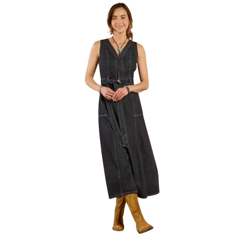 Sundance Poppy Denim Dress Dark Wash Midi Belted Boho Western (Size 6 Petite)