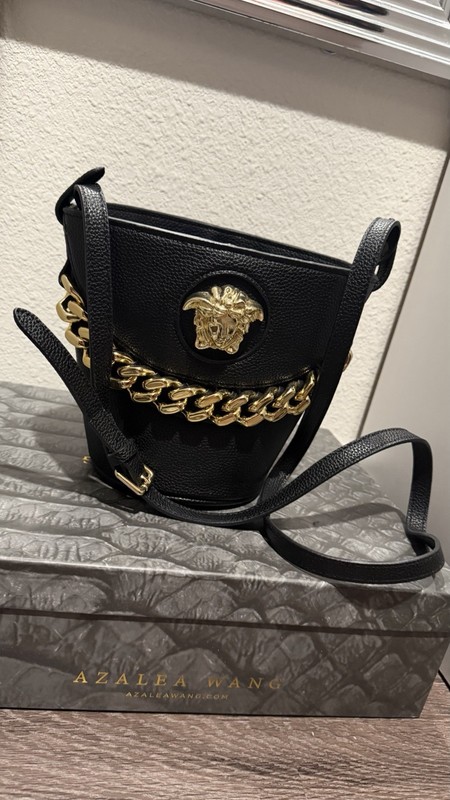 Versace La Medusa Mini Black Bucket Crossbody Bag Gold Chain Drawstring