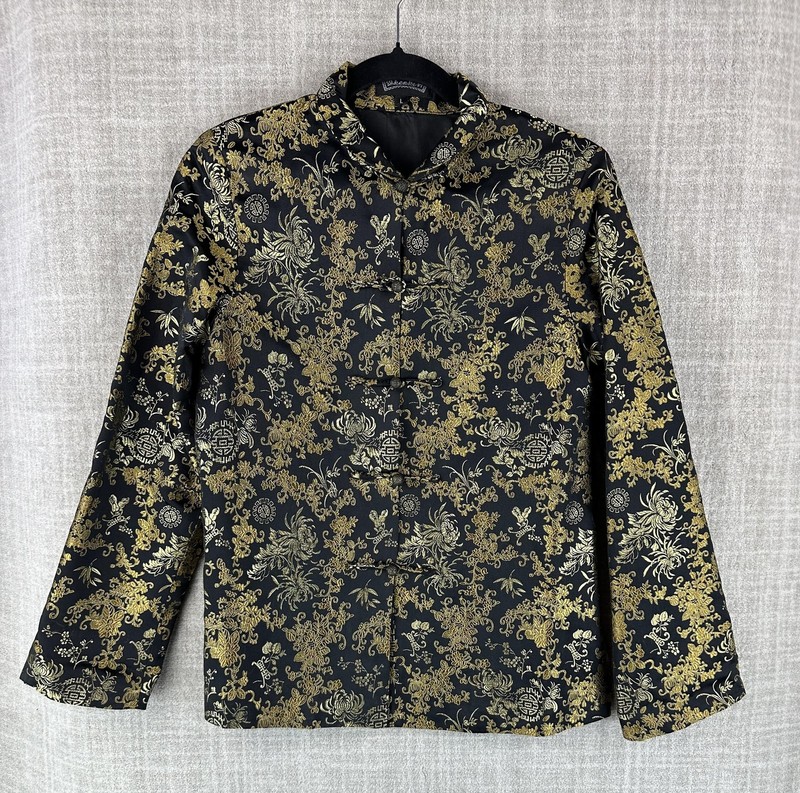 Jacket Womens L Black Short Collared Lined Toggle Floral Satin Mandarin Brocade