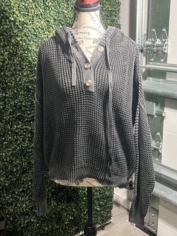 Natural Reflections Gray Ribbed Pullover Smocked Tie Hem Hooded Sweatshirt Small