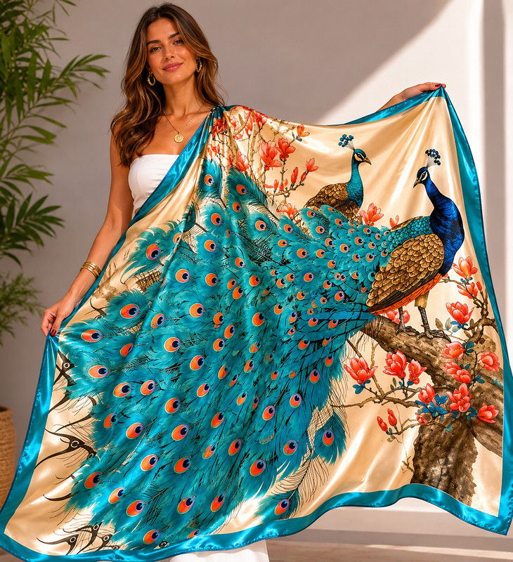Large Satin Peacock Scarf Blue Turquoise Print Square 36×35 Elegant