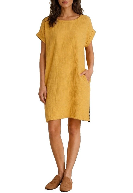 Eileen Fisher Organic Cotton Gauze Shift Dress M Yellow Marigold Pockets
