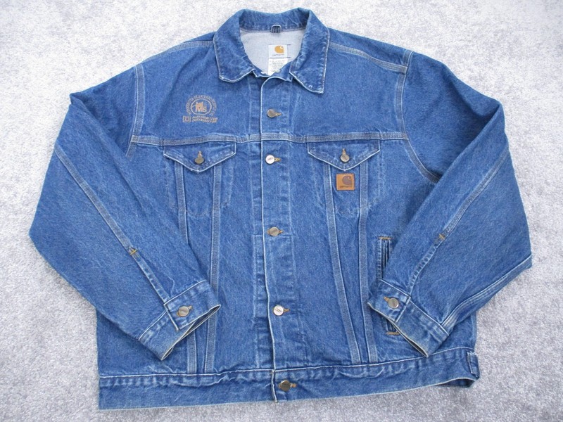 Vintage Carhartt Jacket Mens XL Blue Denim J12 DST Trucker Workwear Logo USA