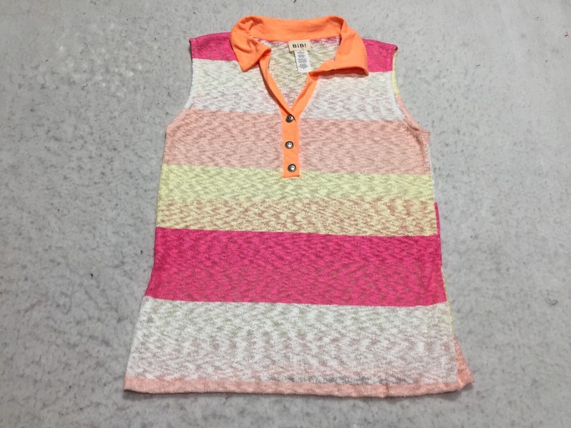 NWOT Bibi Tank Top Womens S White Pink Yellow Striped Collared Neck Buttons