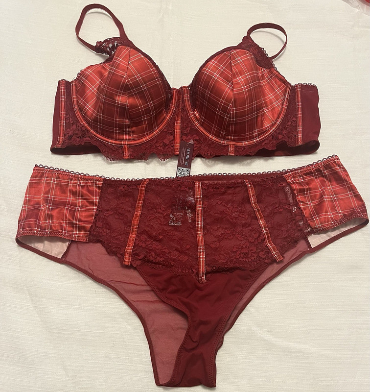 Adore Me 44D Red Burgundy Plaid Lace Mesh Underwire Balconette Bra Set