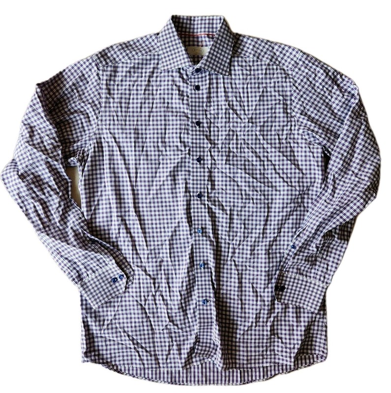 Eton Shirt Men’s 43/ 17 Blue White Contemporary Fit Button Up Plaid Long Sleeves