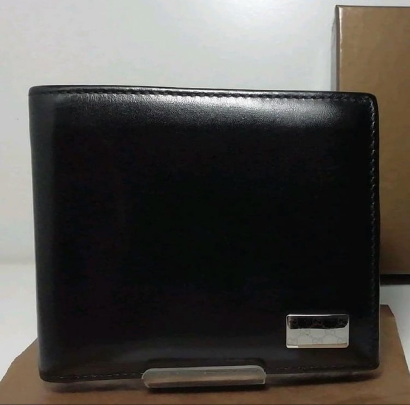 GUCCI Gucci GG Plate Black Leather Folding Wallet