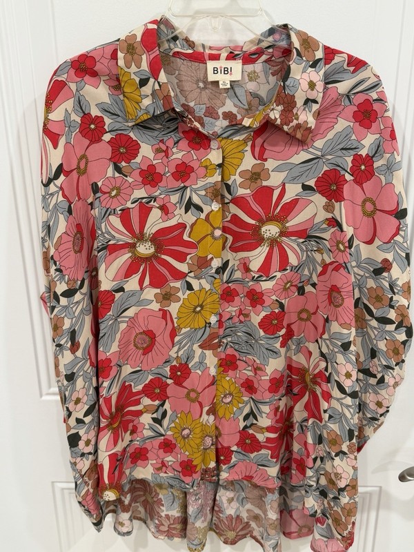 BiBi XL Multicolor Floral Collared Medium Sleeve Button-Down Rayon Blouse