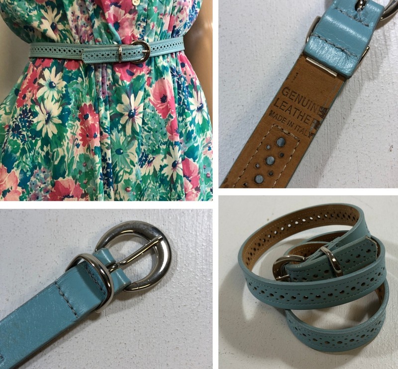 Vintage Blue Leather Belt Silvertone Buckle Perforated 32″ Adjustable Made Italy