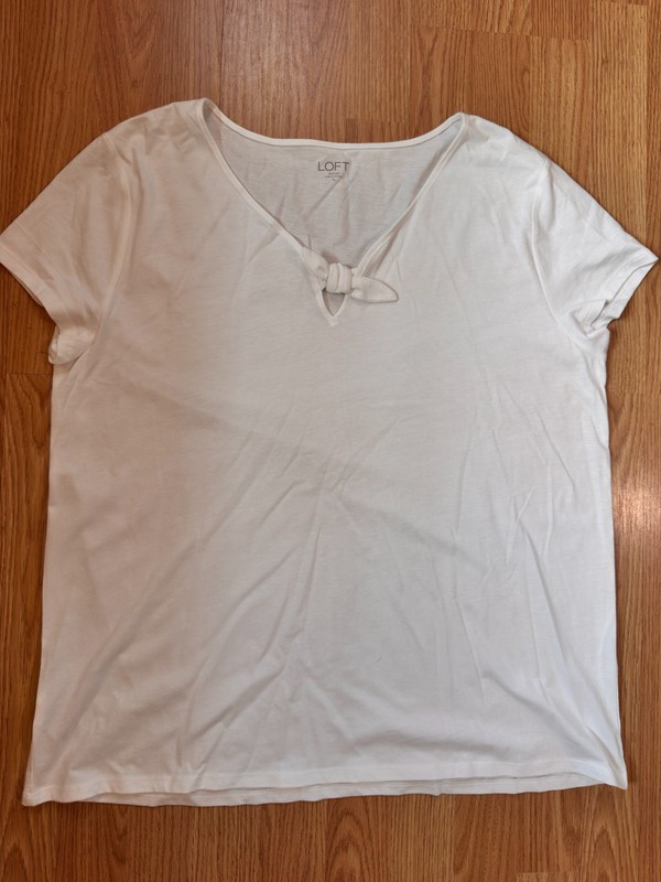 LOFT Outlet Womens XL White Tie Neck V-Neck Short Sleeve T-Shirt Top Cotton Moda