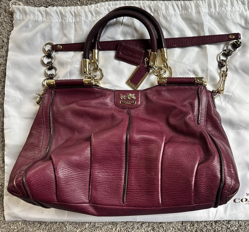 Coach Burgundy Pebbled Satchel Top Handle Bag w Detachable Chain Strap Dust Bag
