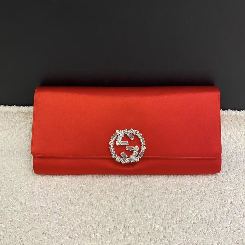 Gucci Broadway Red Satin Clutch with Crystal Interlocking G Logo Auth