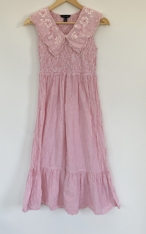 New Look Pink White Stripe Midi Dress UK 10 Frill Embroidered Collar Shirred Top