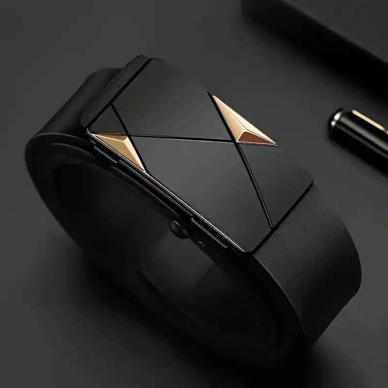 Men’s Automatic Buckle Belt Luxury Black Leather Ratchet Waist Belt Gift gallery