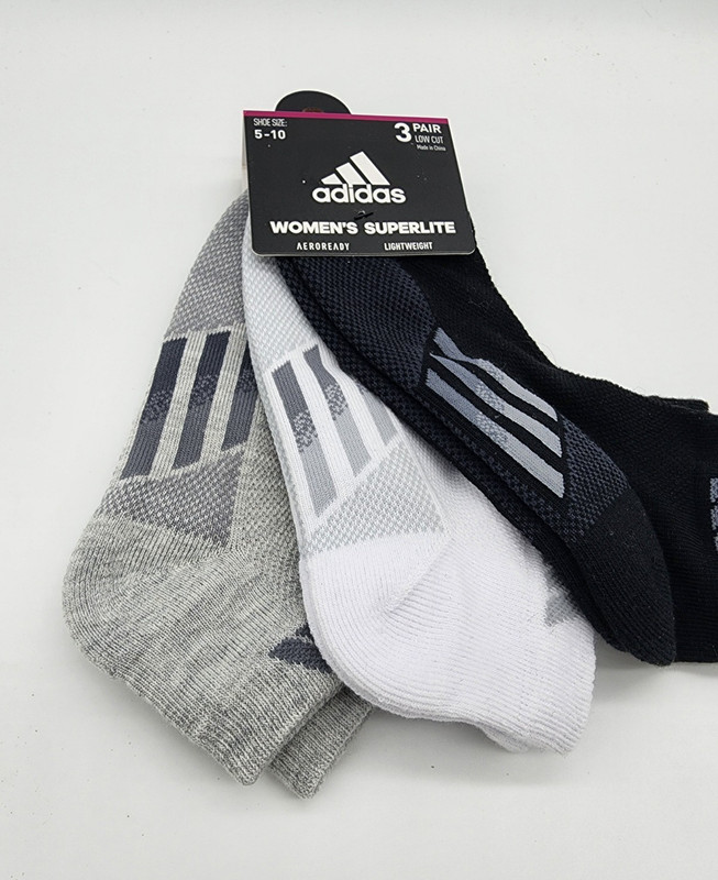 3 Pair Adidas Superlite Low Cut Socks, Women's Shoe Size 5-10, Black White Gray gallery