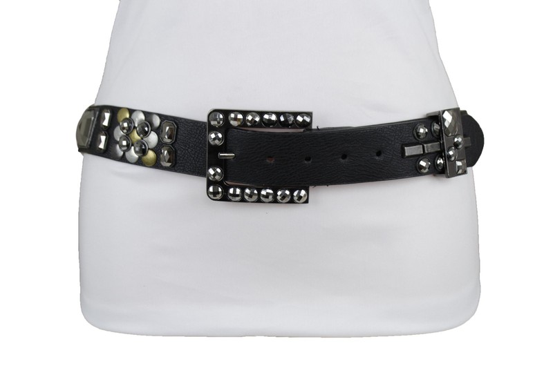 Women Faux Leather Band Belt Hip Pewter Metal Gold Silver Studs Beads Buckle M