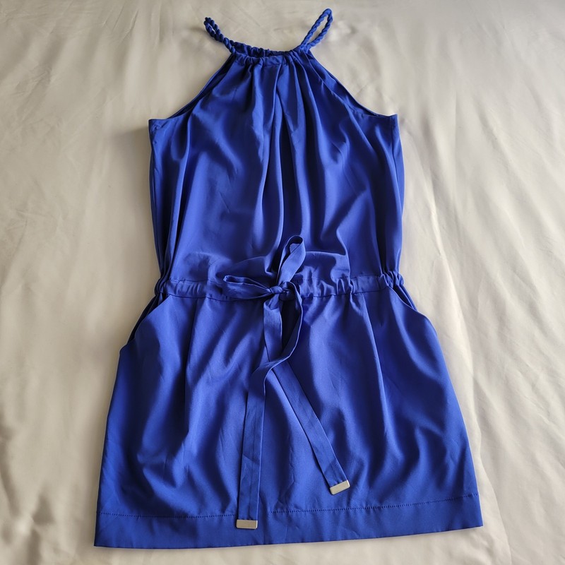 Rachel Rachel Roy Blue Halter Dress M Drawstring Waist Side Pockets