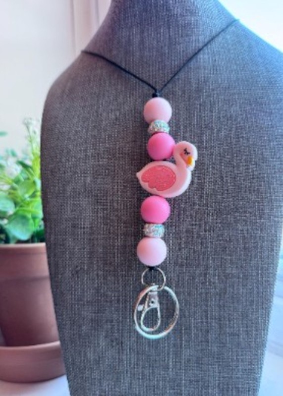 Handmade Pink Flamingo Lanyard ID Card Badge Holder With Silicone Beads